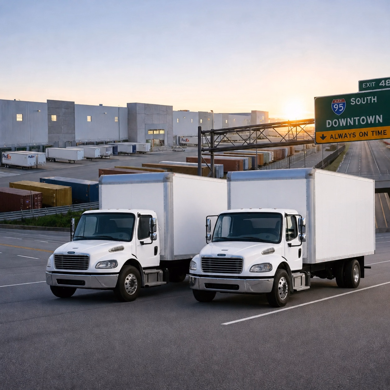 lineup of white box trucks ready for general freight distribution