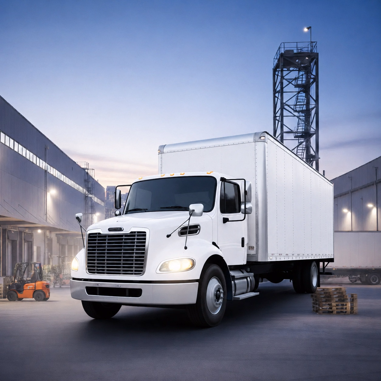 Commercial white box truck at an industrial yard