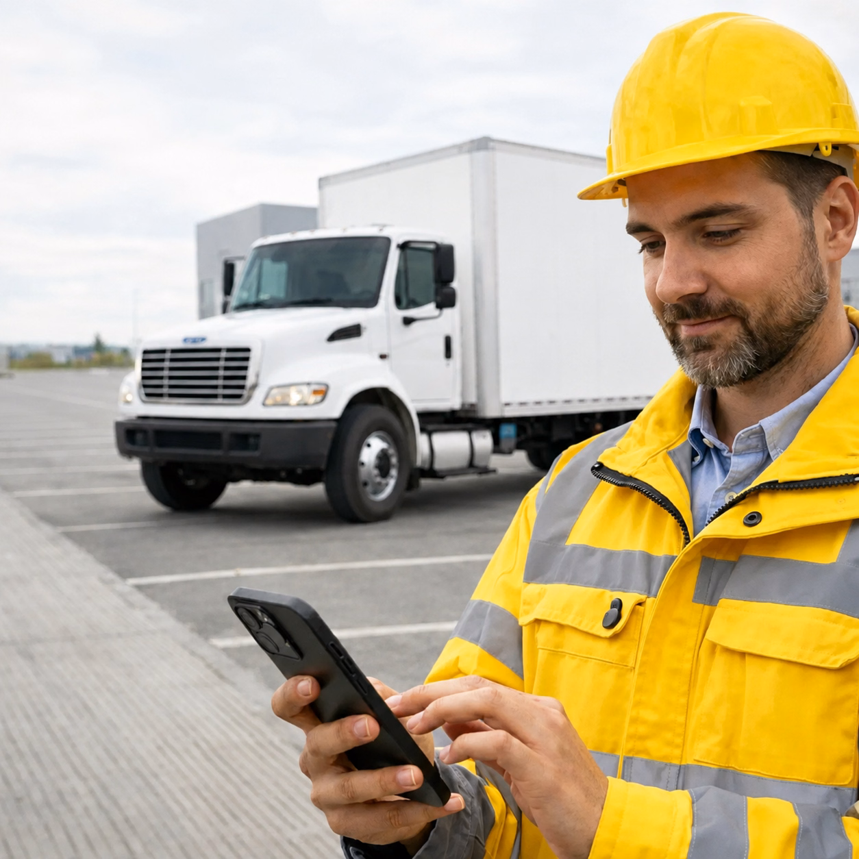 Driver using phone near a white box truck